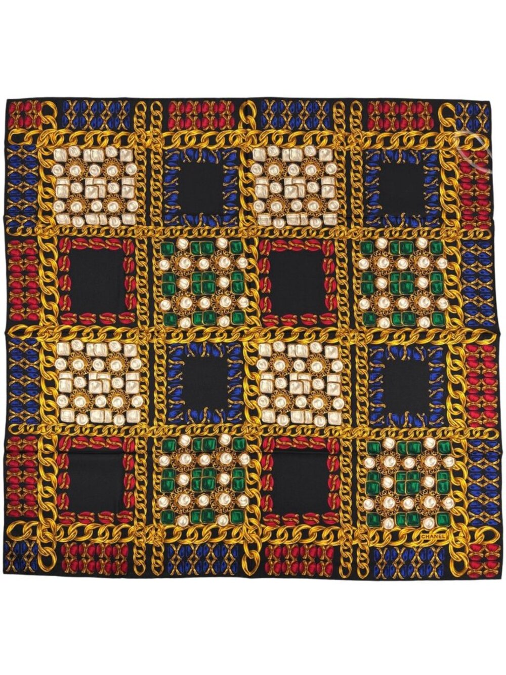 Chanel Logo Pattern Scarf Silk Black Gold Multicolor
